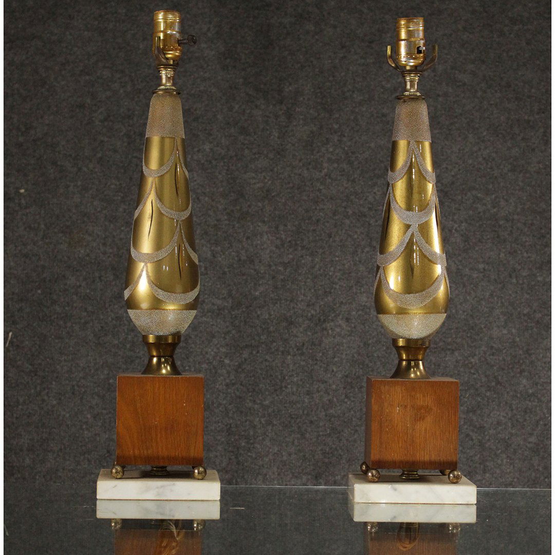 Two Mid-Century Italian Gold Lamps Wood & Marble Bases (1 of 7)