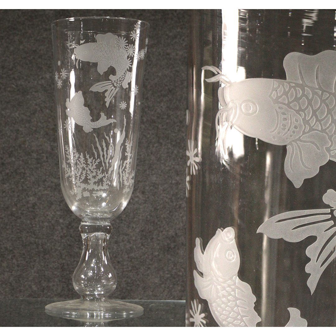 Large Crystal Vase on Pedestal Base Etched Koi Fish Jan 07, 2019
