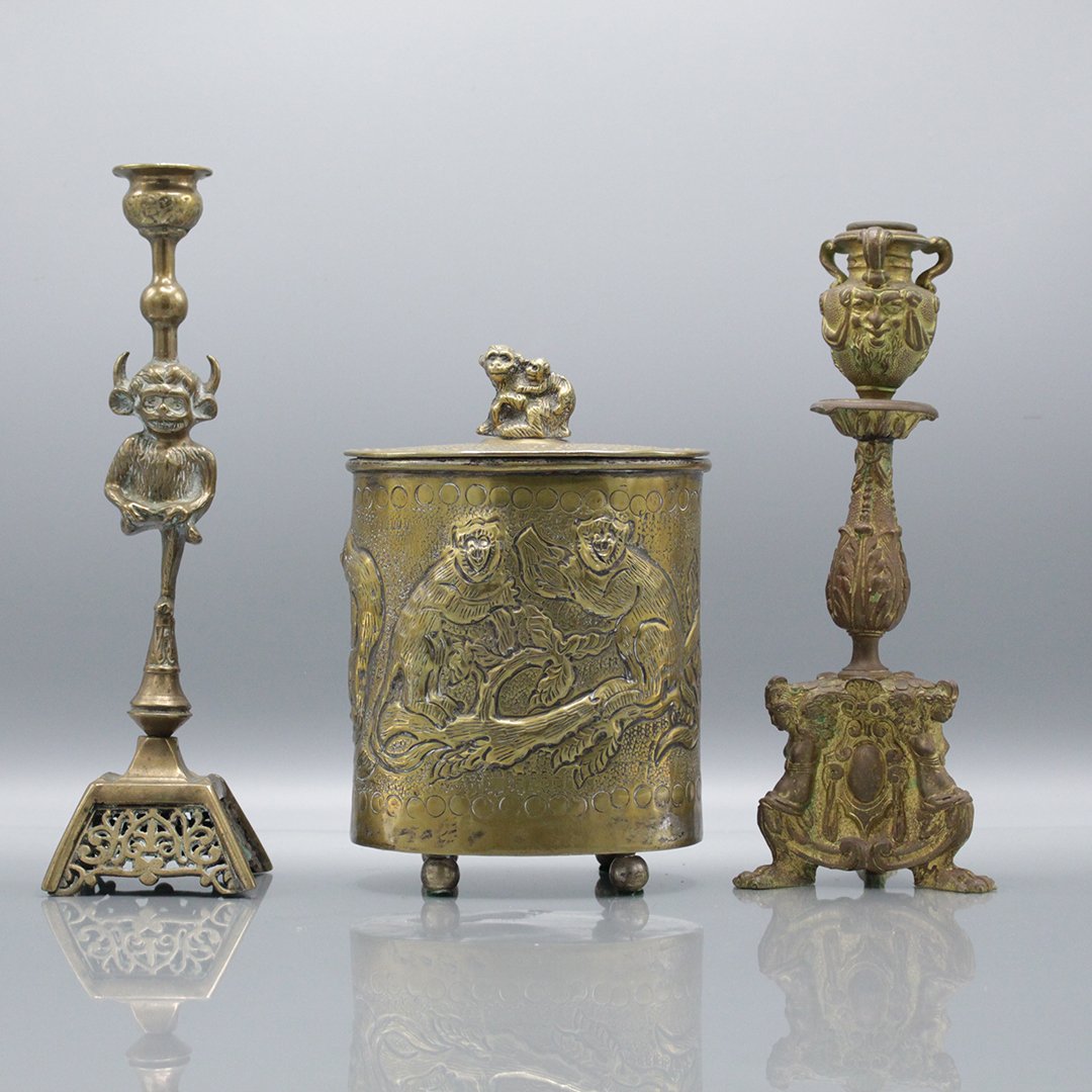 Three Assorted Brass Oriental Monkey Candlestick, Jar (1 of 10)