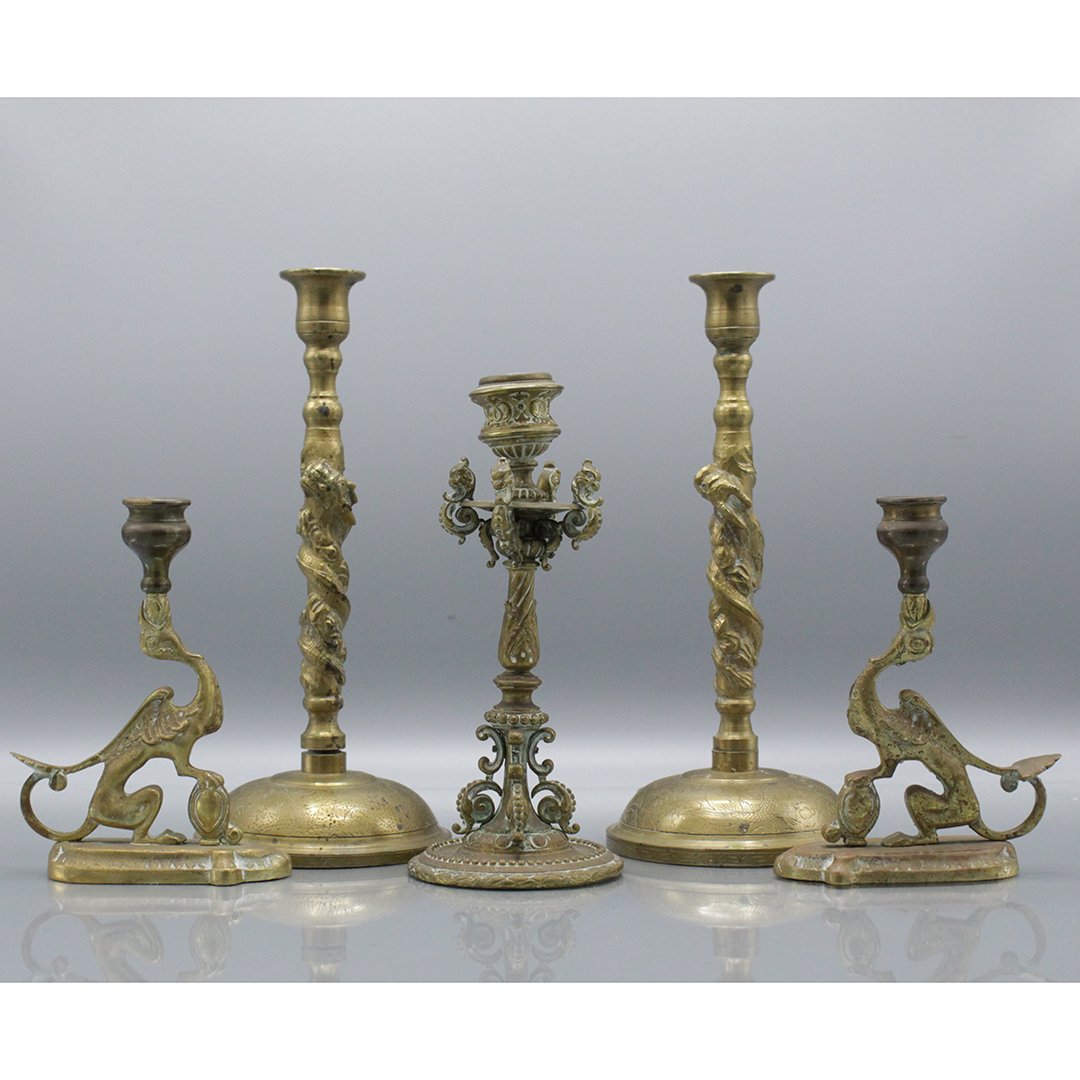 Five [5] 19th C. Continental Cast Brass Candlesticks (1 of 7)