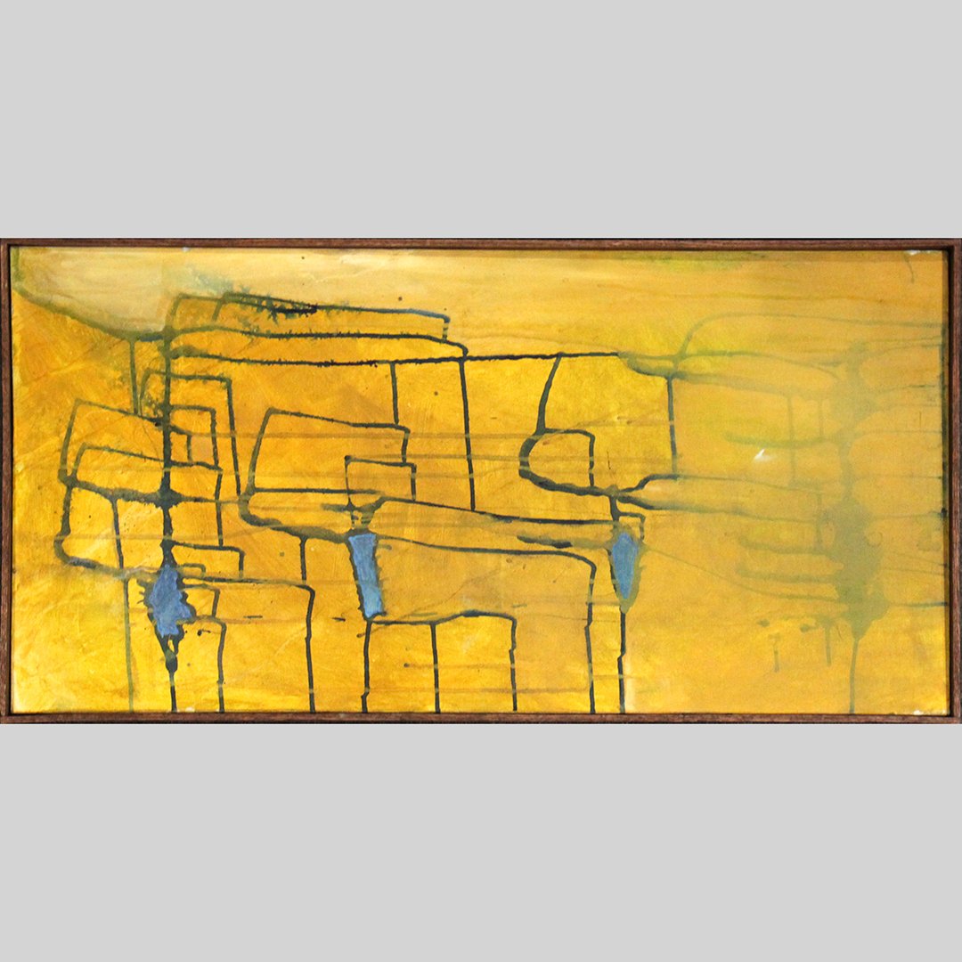 Mid-Century Yellow Abstract Oil/c Black Drip Lines (1 of 4)