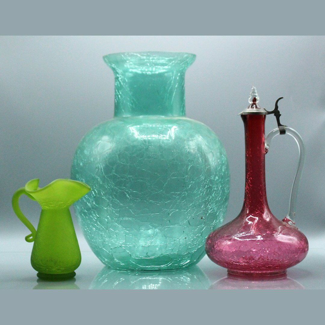 Three [3]  Craquelure Art Glass Vases, Cranberry Ewer (1 of 6)