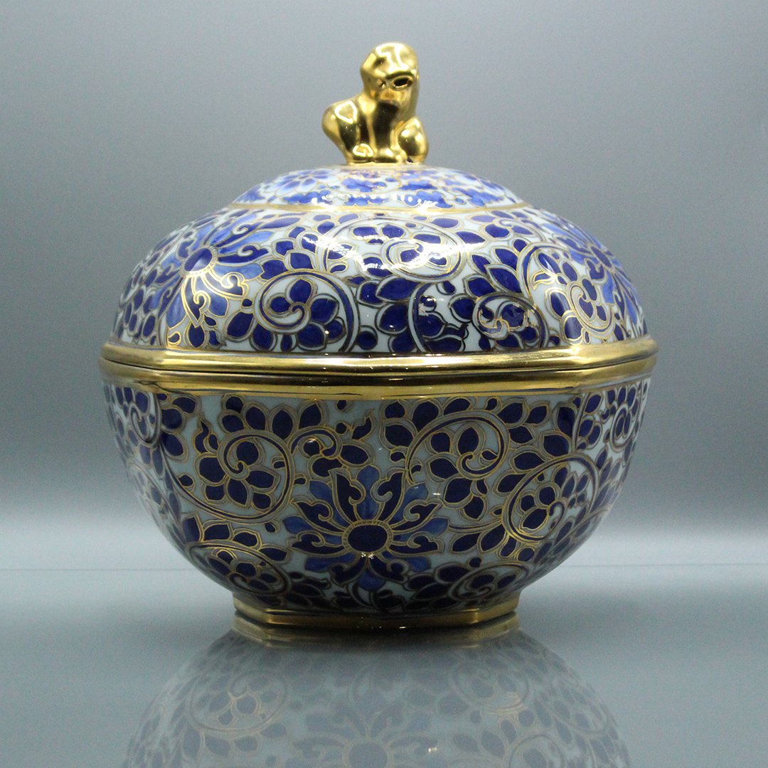 Large Porcelain Covered Bowl Blue & White, Gold Accents (1 of 5)