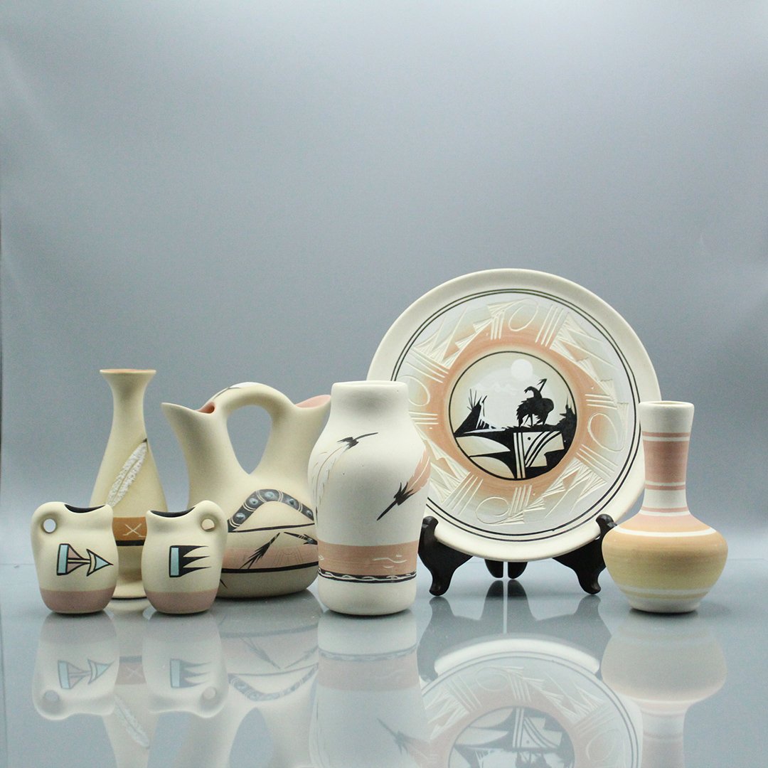 Seven [7] Assorted Decorated Indian Pottery Signed (1 of 9)