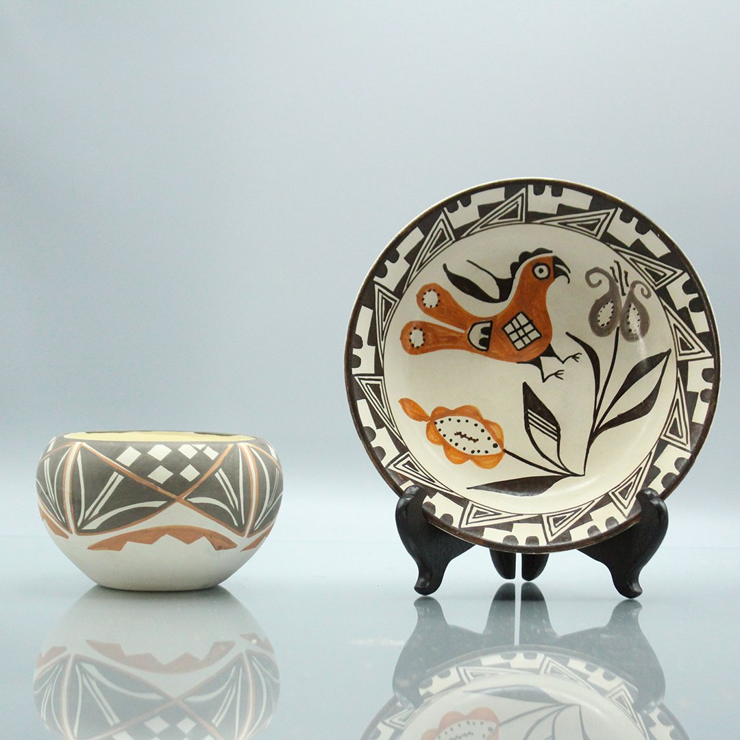 Two [2] Decorated Indian Art Pottery Plate & Bowl, (1 of 5)