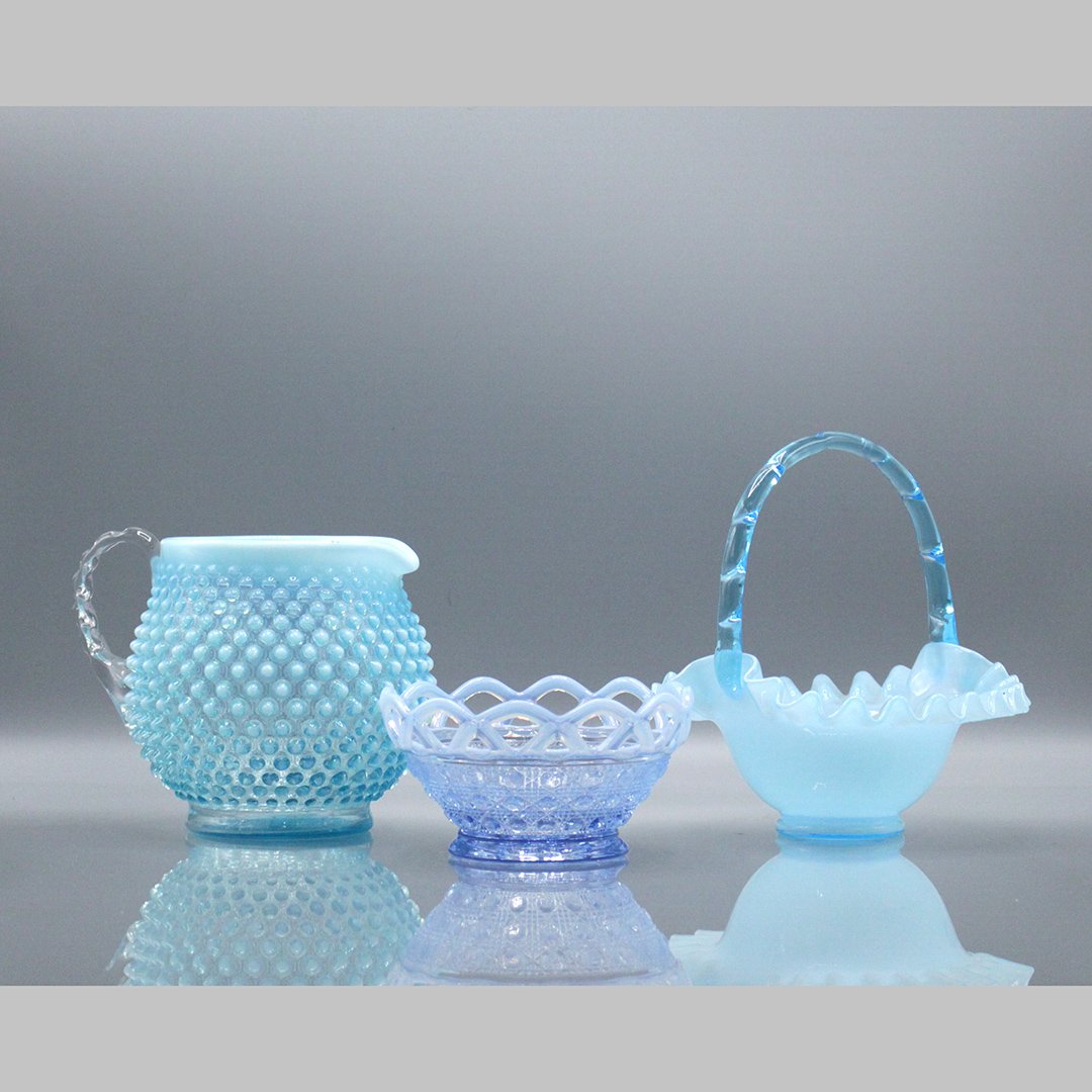 Three [3] Assorted Blue Opalescent Glass, Hobnail, Lace (1 of 5)