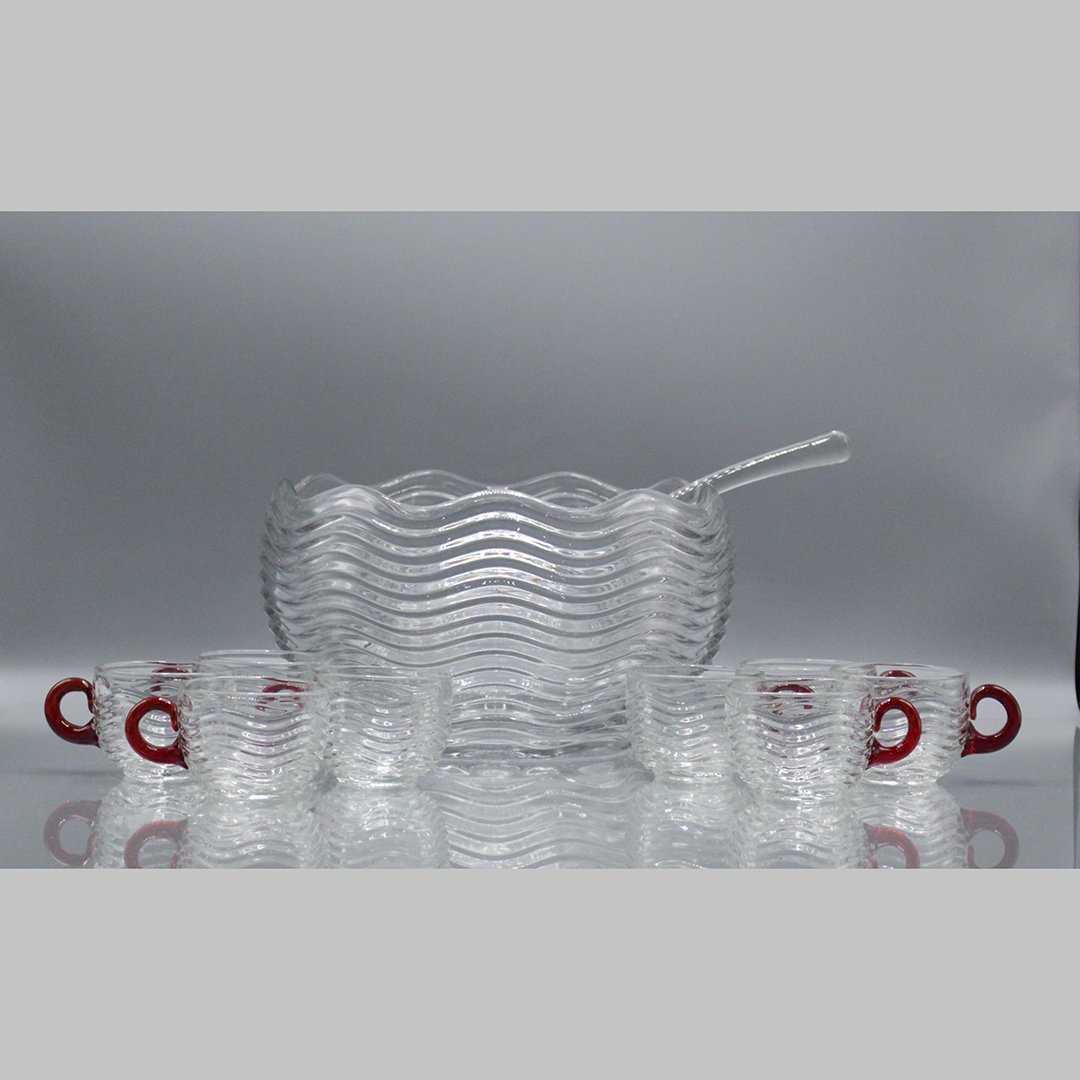 Mid-Century Modern Wavey Ribbed Design Punch Bowl, Cups (1 of 7)