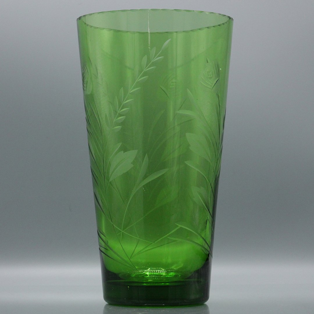 Mid-Century Green Glass Vase Wheel Cut Flowers (1 of 7)
