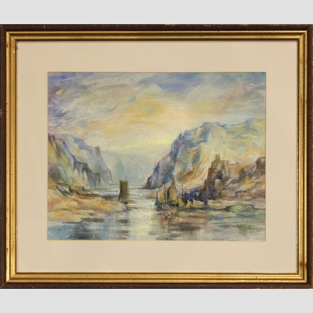 JMW Turner [attributed] Watercolor, Sailboat Rocky Cove (1 of 6)