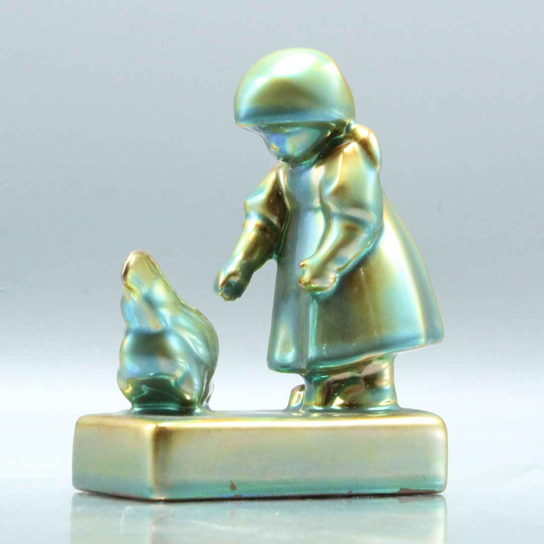 Zsolnay Hungary Green Glaze Young Girl With Dove: Zsolnay Hungary Green Glaze Young Girl With Dove . Size: 4.75 h