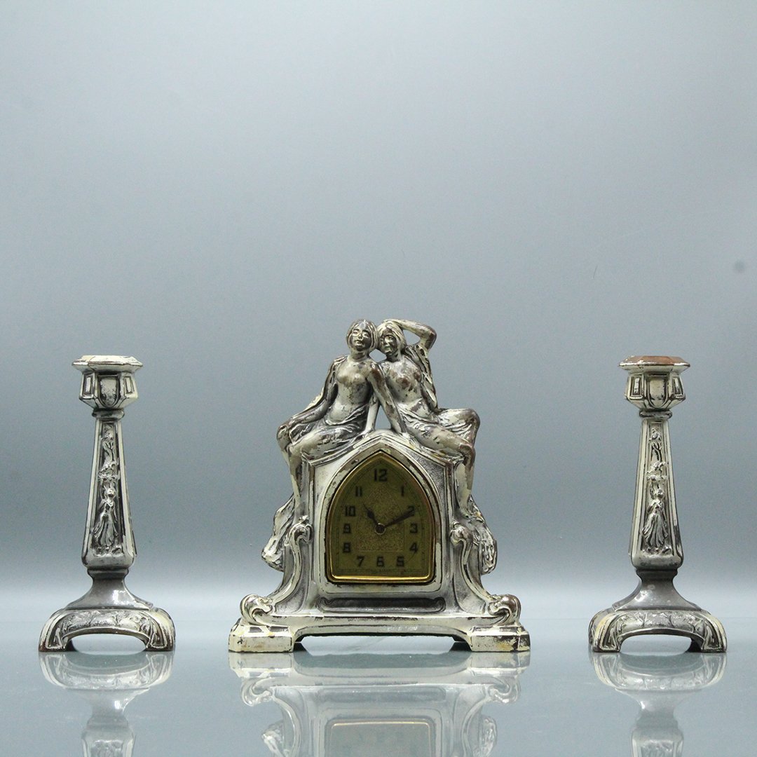 Three [3] Piece Metal Art Deco Figures Clock Set (1 of 10)