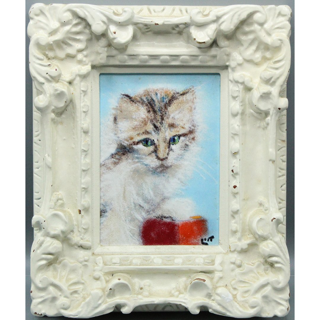 Mid-Century Enamel Art of a Cat, Fancy Wide Frame: Mid-Century Enamel Art of a Cat, Fancy Wide Frame ; signed in monogram signature. Size: 3 x 5.5 , outside of frame: 13 x 10