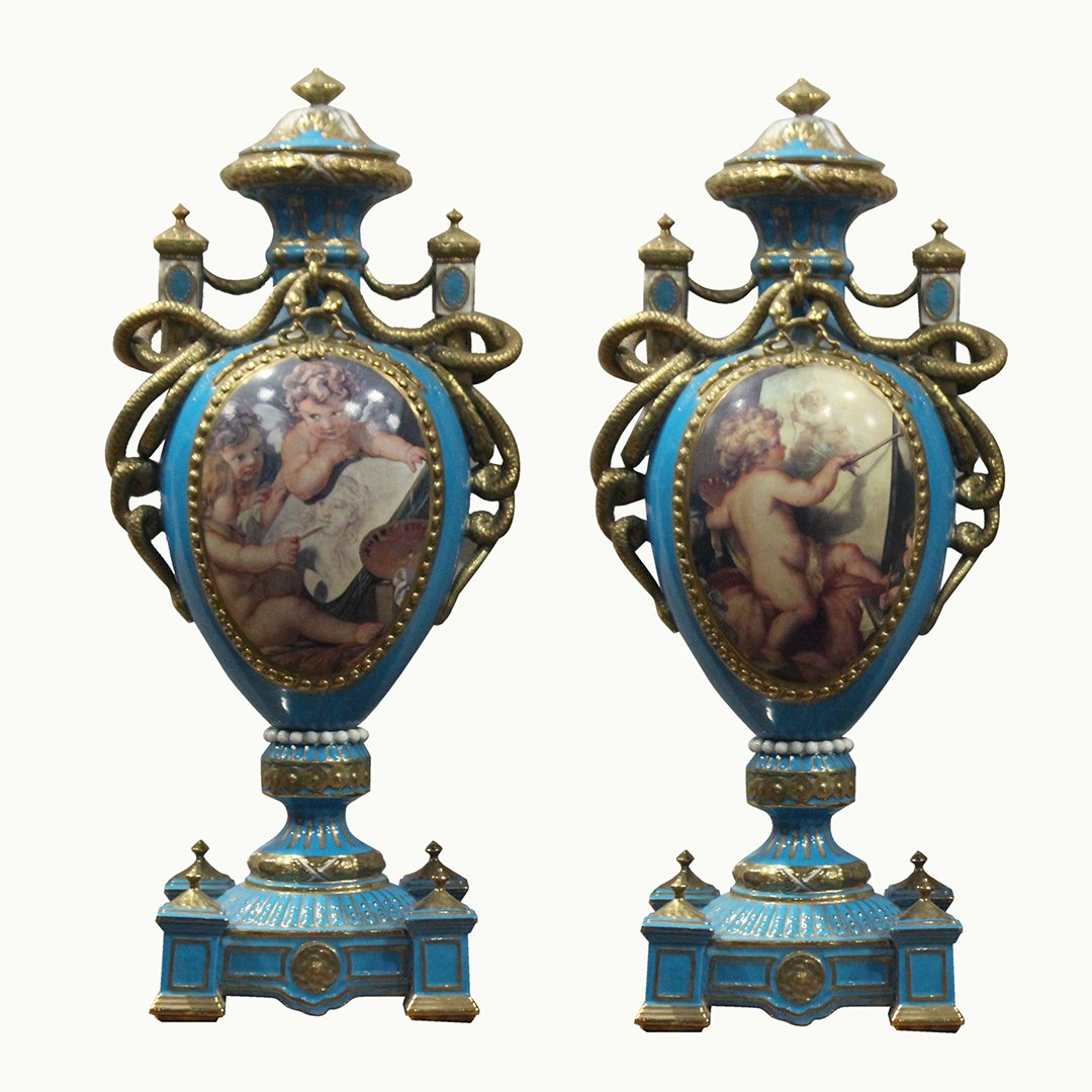 Two [2] French Porcelain Urns with Covers Very Ornate (1 of 10)
