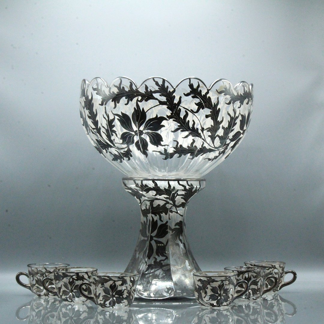 Heisey Silver Overlay Punch Bowl & 6 Cups