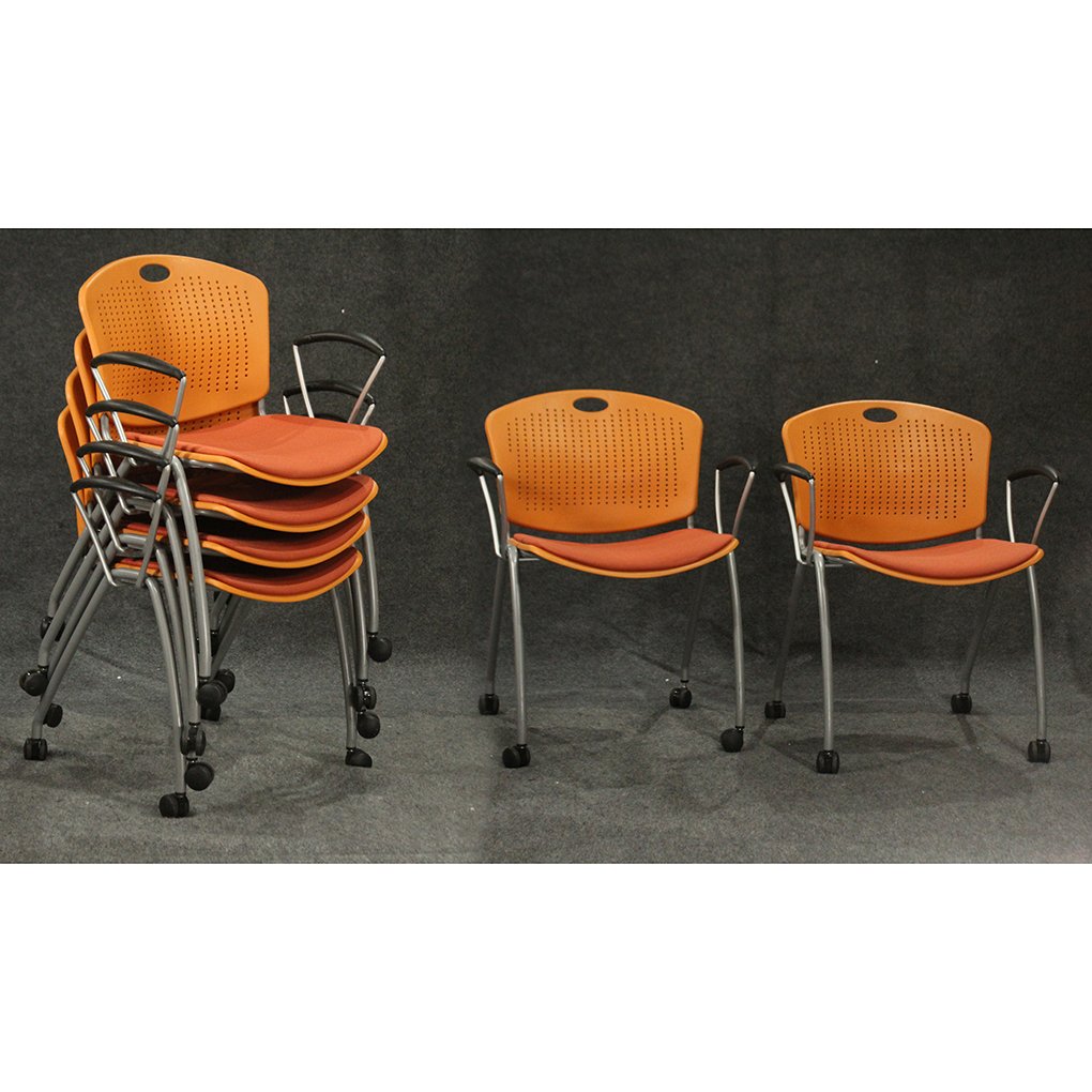 Six [6] Herman Miller style  Orange Chairs on Wheels (1 of 7)