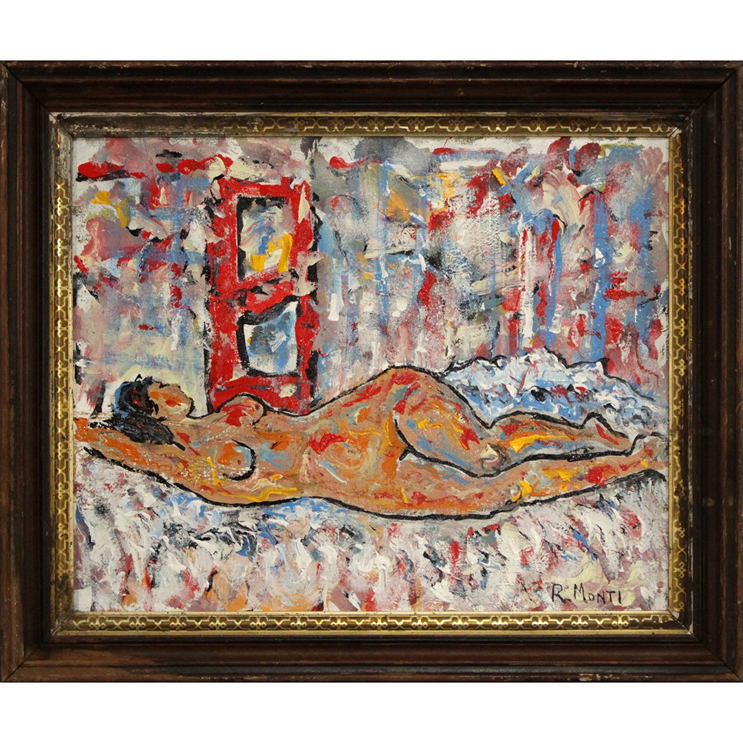 R. Monti, Mid-Century Reclining Nude in Abstract Oil/c: R. Monti, Mid-Century Reclining Nude in Abstract Oil on canvas painting, framed, signed. Size: 16 x 20 , outside of frame: 20 x 24