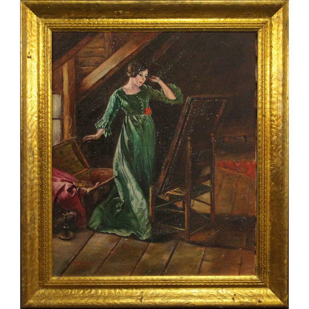 A J Goralski 1945, Oil/c Woman in Attic, Looking Mirror: A J Goralski 1945, Oil/c Woman in Attic, Looking Mirror. Oil on canvas painting, Signed and dated, original frame. Size: 20 x 24, outside of frame: 30 x 26