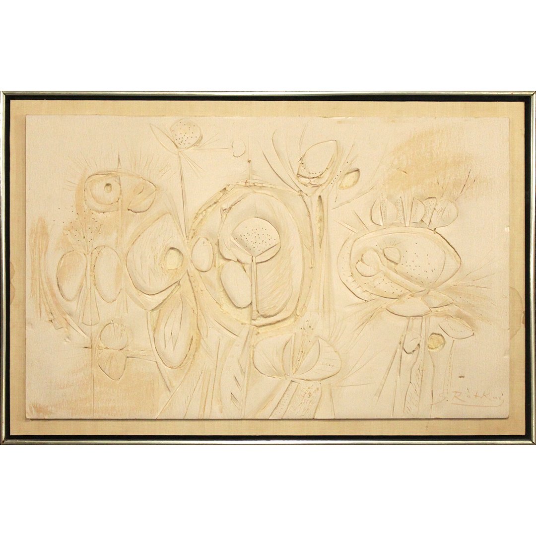 George Ratkai, Listed Artist Carved Cardboard Sculpture: George Ratkai, Listed Artist Carved Cardboard Sculpture, Mid-Century Modern, signed, artist's full name and NYC address on verso. Well listed Artist. Size: 22 x 33 outside of frame. ASKart: George Rat