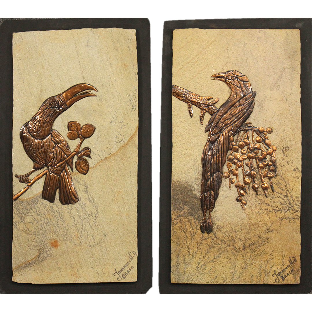 [2] Johannes W Van Dartelen, Brazil Exotic Bird Plaques: [2] Johannes W Van Dartelen, Brazil Exotic Bird Plaques; signed, artist label on verso of each. Composition with copper clad birds on branches. Size: 26 x 14