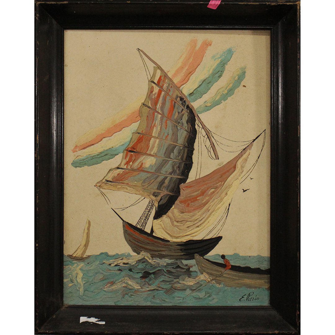 E. Paris, Mid-Century Modern Sail Boat Oil Painting (1 of 5)