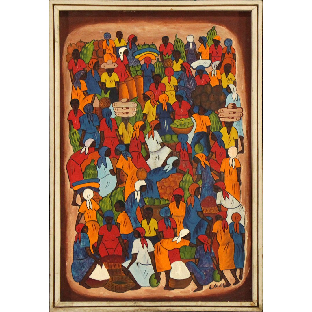C. Glode, Busy Hatian Market Scene Oil Painting: C. Glode, Busy Hatian Market Scene Oil on canvas Painting, signed, framed. Size: 24 x 16 , outside of frame: 25 x 17