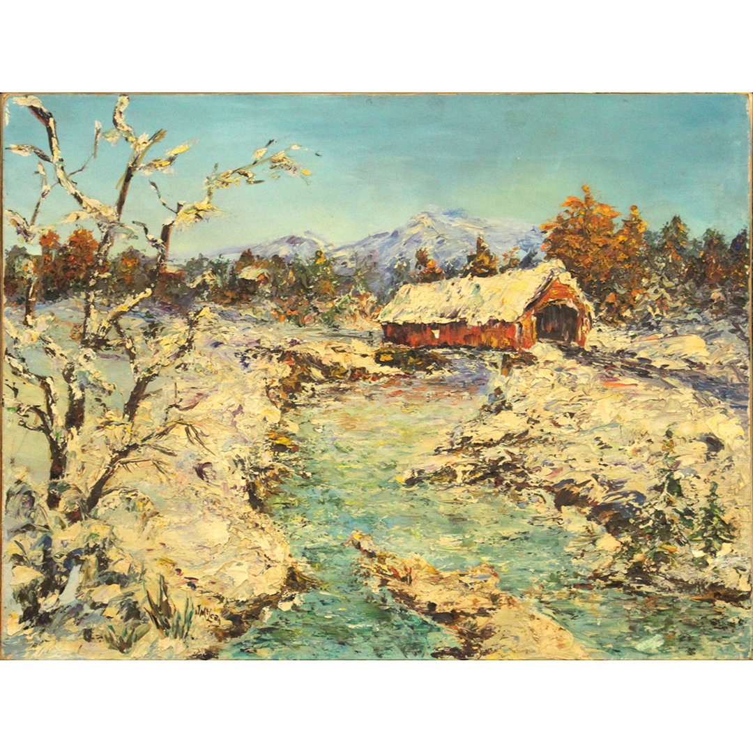 J McLean, Oil/c Vermont Landscape with Covered Bridge (1 of 5)
