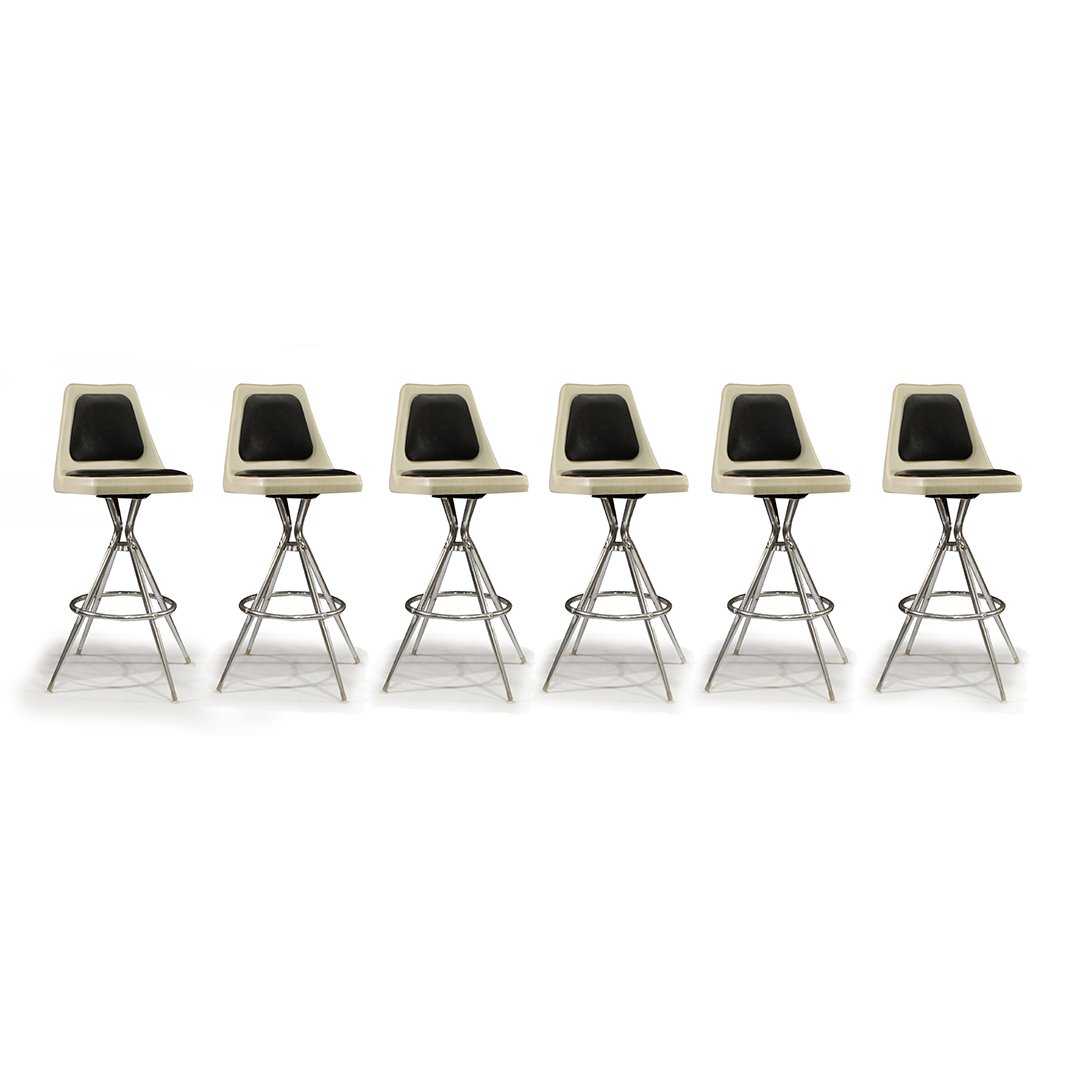 Six [6] Mid-Century Bar Stools White Molded, Black Seat (1 of 8)