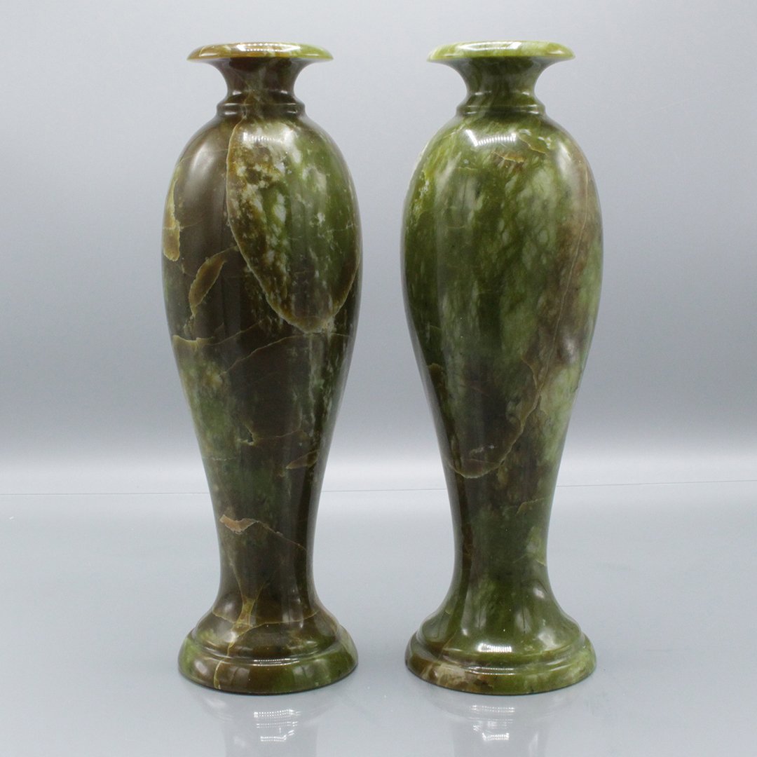 Two [2] Polished Green Marble Slender Urn Vases (1 of 5)