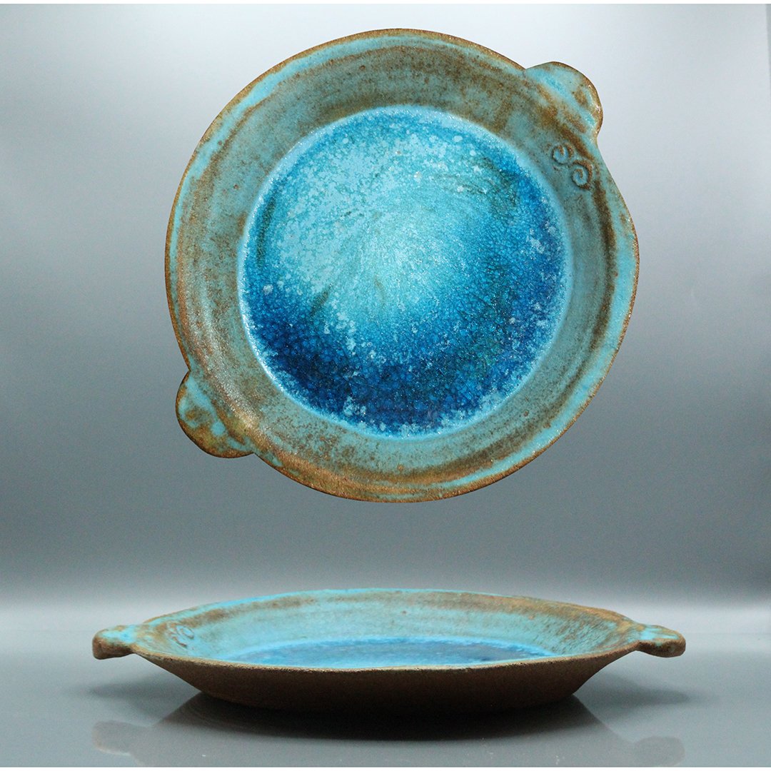 Mid-Century Art Pottery Serving Platter Teal Blue Glaze (1 of 7)