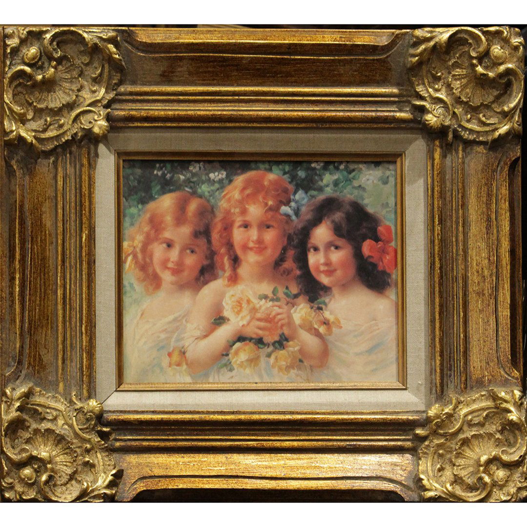 Porcelain Plaque 3 Young Girls in Fancy Gold Frame (1 of 3)