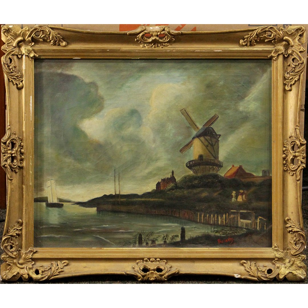 Renee, Crca 1930s Dutch Windmill Oil on Canvas Painting: Renee, Crca 1930s Dutch Windmill Oil on Canvas Painting. Signed, framed. Size: 16 x 20 , outside of frame 21 x 25