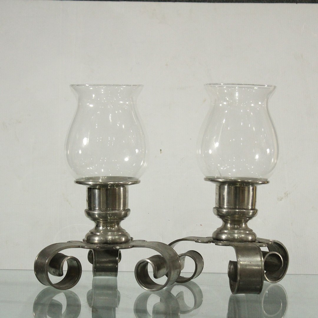 Two [2] Glass Shade Hurricane Lamps Heavy Metal Bases (1 of 3)
