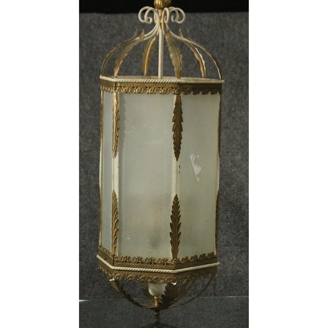Large Italian Toleware Glass Paneled Theatre Chandelier: Large Italian Toleware Glass Paneled Theatre Chandelier. Metal frame white with gold paint accents, glass panels are a transparent white.