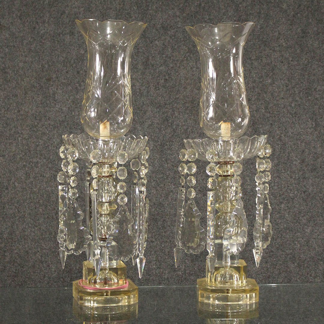 Two [2] Cut Glass Hurricane Lamps with Glass Prisms (1 of 6)