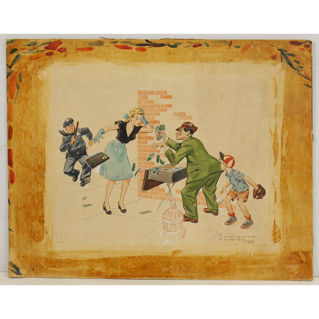 Original Illustration Art - Robbing Street Vendor Stand: Original Illustration Art - Robbing Street Vendor Stand. Watercolor painting, vintage, personalized and signed Artie. Size: 15.75 x 20
