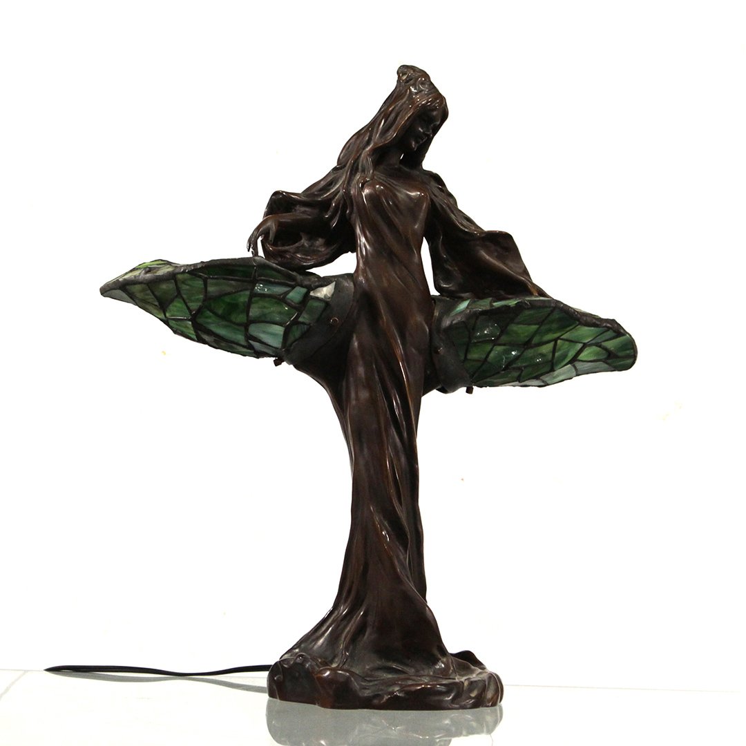 Jules Jouant Style Bronze Art Nouveau Girl Leaded Lamp: Jules Jouant Style Bronze Art Nouveau Girl Leaded Lamp. Superb quality casting, bronze patina finish, green leaded glass at both arms, signed KT , wiring all good. Size: 19 h , 16 w