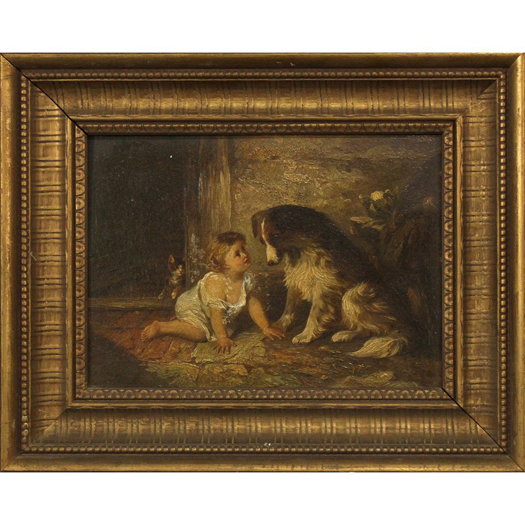 19th C. Oil/c Child With Dog Painting (1 of 3)