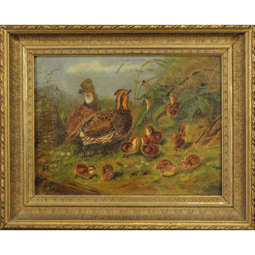 19th C Oil/c Hens and Baby Chicks Painting (1 of 4)