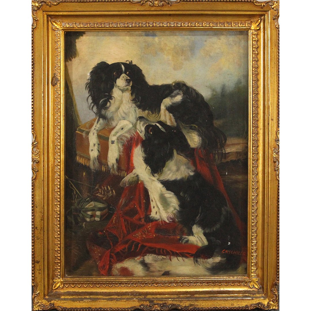 C Nicholls, 19th C. Oil/c Two English Spaniel Dogs (1 of 5)