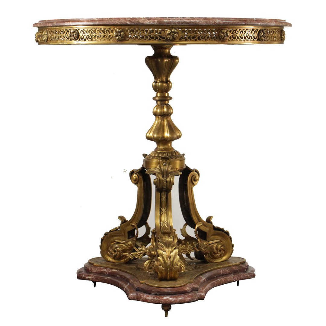 Fancy French Bronze Center Table with Rose Marble Top (1 of 11)