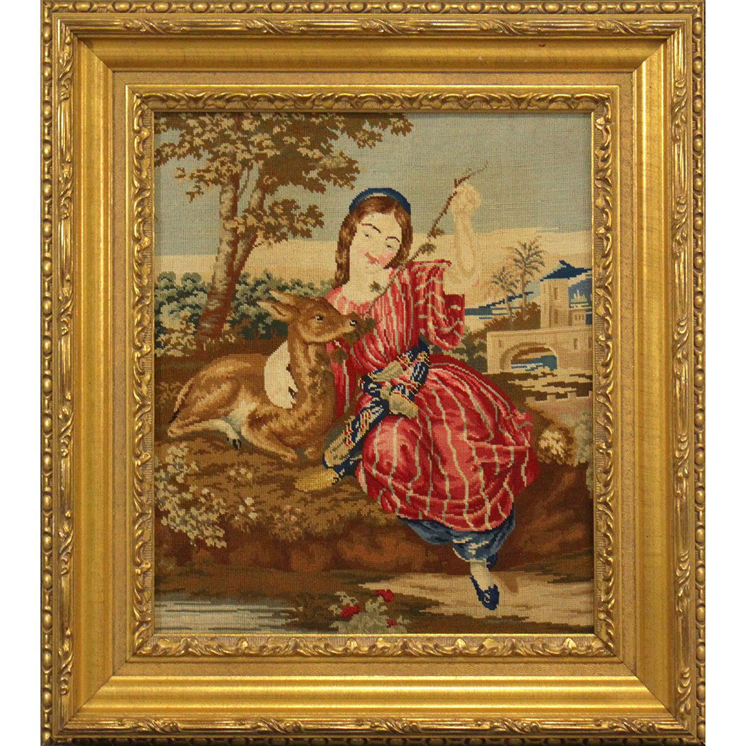 Victorian Petti Point Embroidery Young Girl with Fawn (1 of 3)