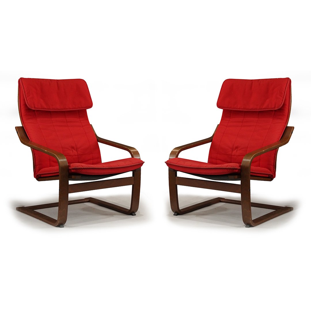 Matched Pair Modern Design Poang Chairs Red Cushions