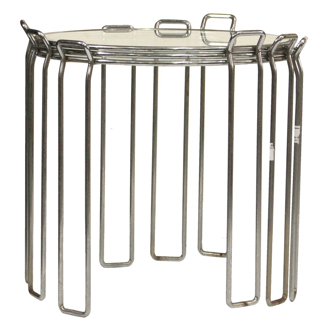 Unique Mid-Century Modern Chrome Nest of Tables: Unique Mid-Century Modern Chrome Nest of Tables, heavy gauge frames, glass tops. Size: 16 max h, 15 table height, 16 max width 15 glass width