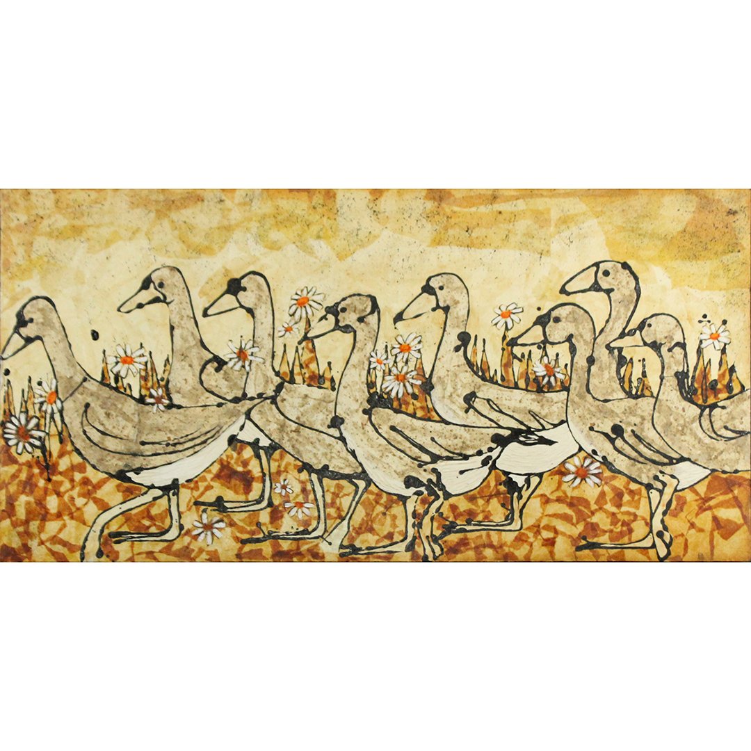 Mid-Century Modern Oil Painting,  Ducks on Parade (1 of 4)