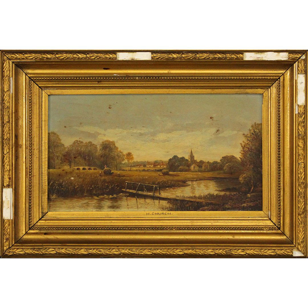 H Church, 19th C. Oil/b Landscape Walk Bridge Stream (1 of 6)