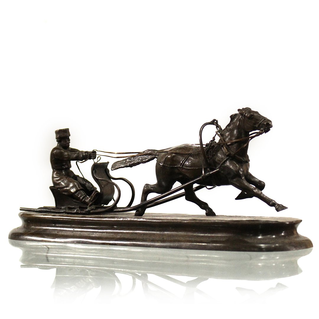 Russian Bronze Cossack Riding Horse Drawn Sled Signed (1 of 8)