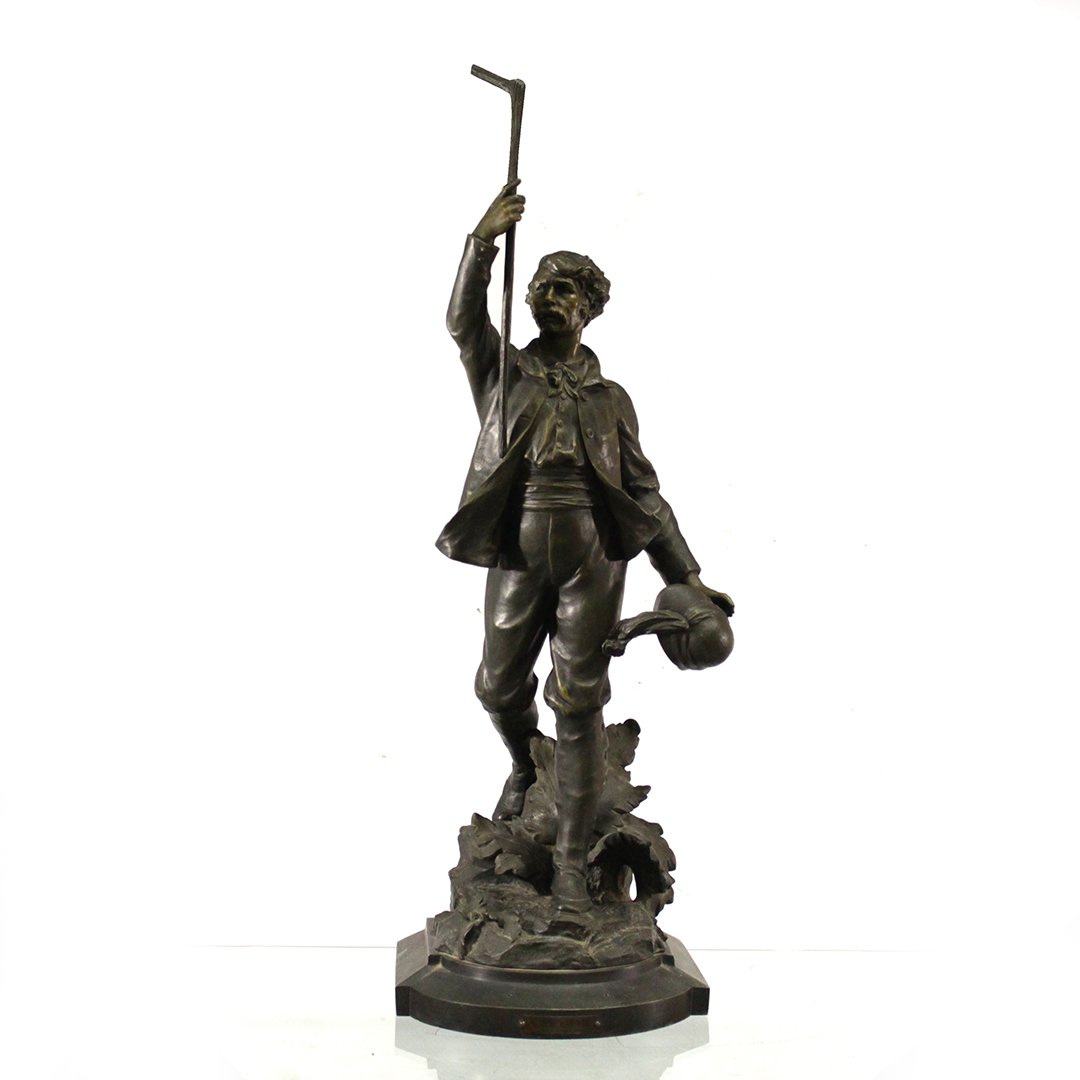 J Causse, 19th C. Spelter Cast Statue Man Holding Cane: J Causse, 19th C. Spelter Cast Statue Man Holding Cane. Spelter Cast Metal with original bronzed patina. Name plate: Au Centre De L'Afrique. Par J Causse [Sculpt], has Paris foundry seal . Large Size.