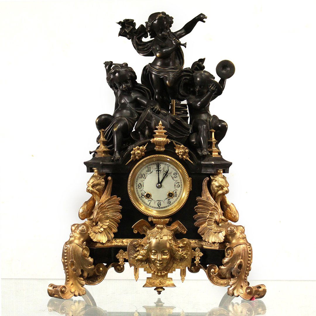 Renaissance Revival Bronze Mantle Clock 3 Puttis, Faces (1 of 12)