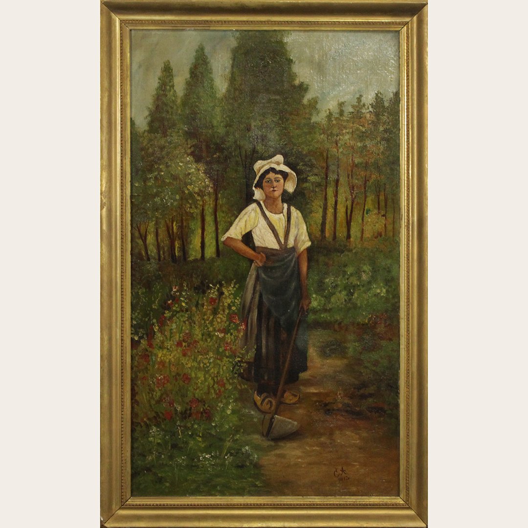 Continental school 1912 A.C. Painting: Continental school 1912 A.C. Painting oil on canvas. of women in garden. Size: 32 x 19.25