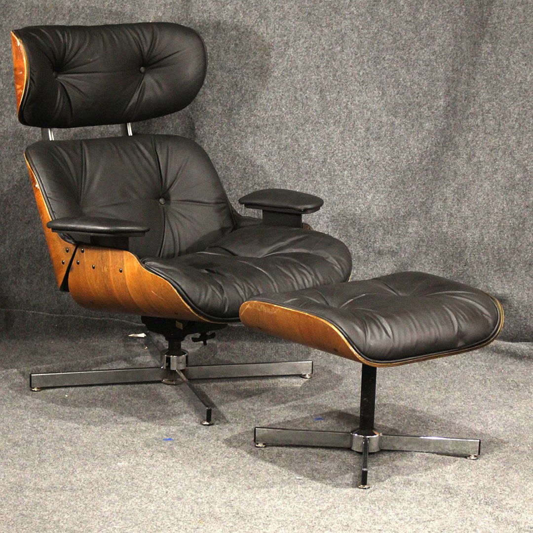 Eames for Herman Miller Style Lounge Chair: Eames for Herman Miller Style Lounge Chair with ottoman. Chair has bent ply wood outer shell with a vinyl leather type ulphostery . Chair looks vintage and shows appropriate age